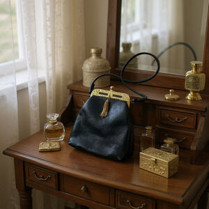 Vintage 1960's Black Patent Leather Ornate Gold Frame Tassel Kisslock Bag Purse